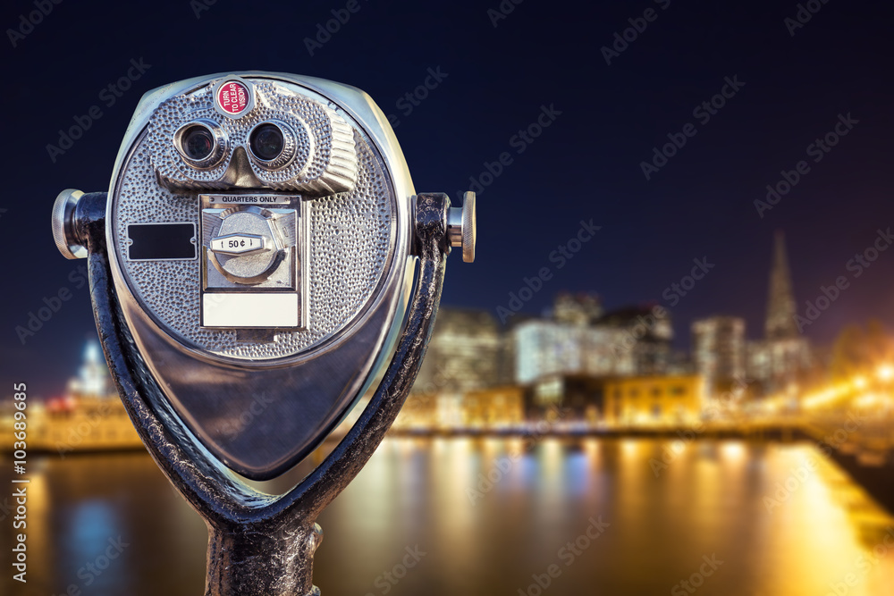 touristic telescope with water and cityscape of San Francisco touristic telescope with water and cityscape of San Francisco