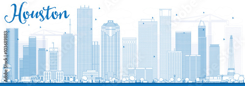 Outline Houston Skyline with Blue Buildings.