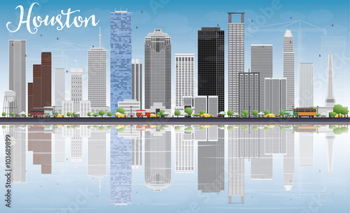 Houston Skyline with Gray Buildings, Blue Sky and Reflections.
