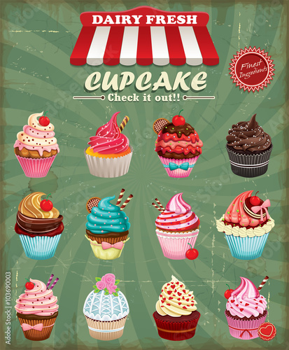 Vintage cupcake poster design set