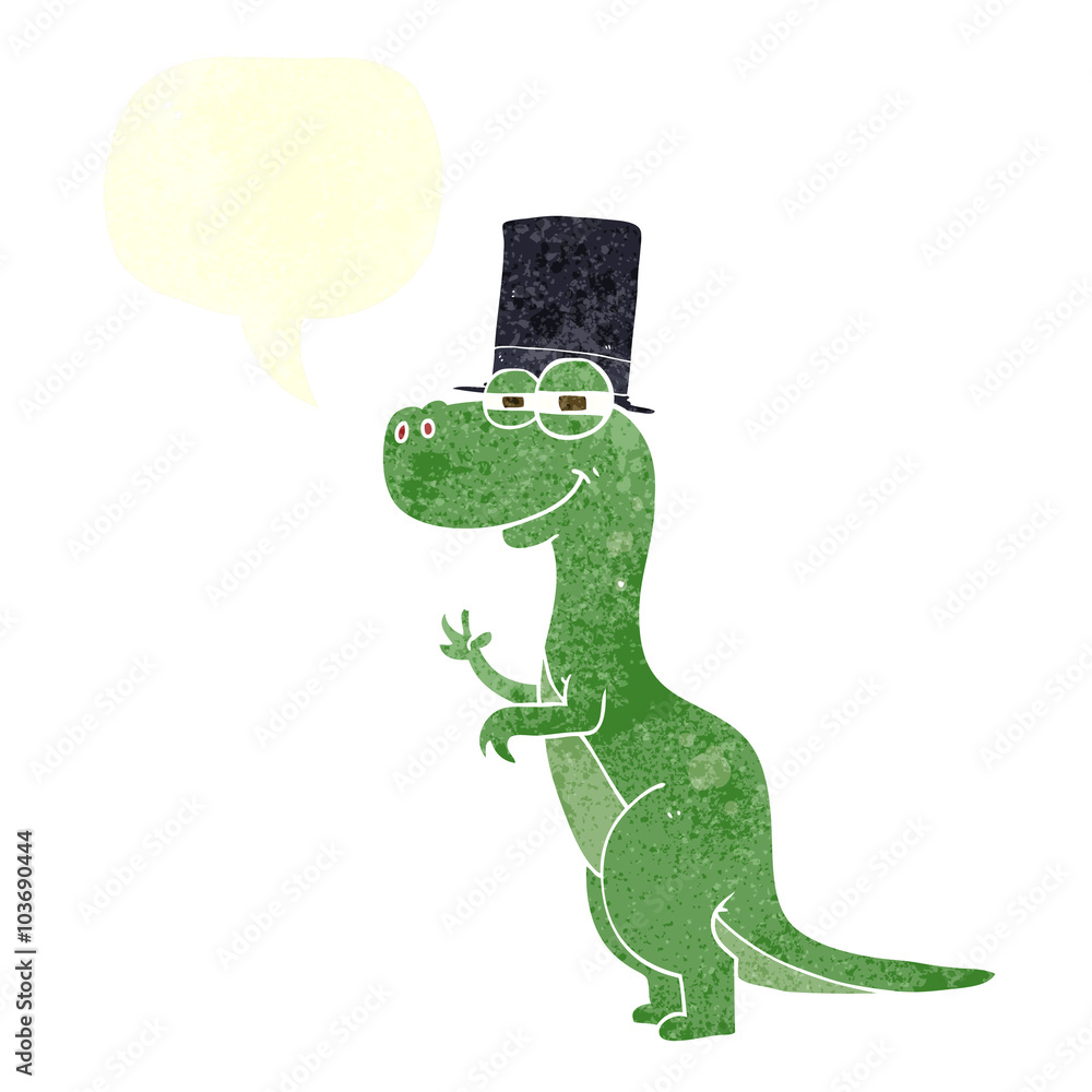 retro speech bubble cartoon dinosaur wearing top hat retro speech bubble cartoon dinosaur wearing top hat