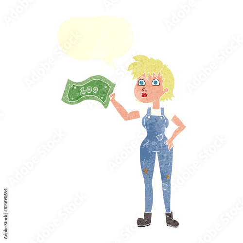 retro speech bubble cartoon confident farmer woman with money