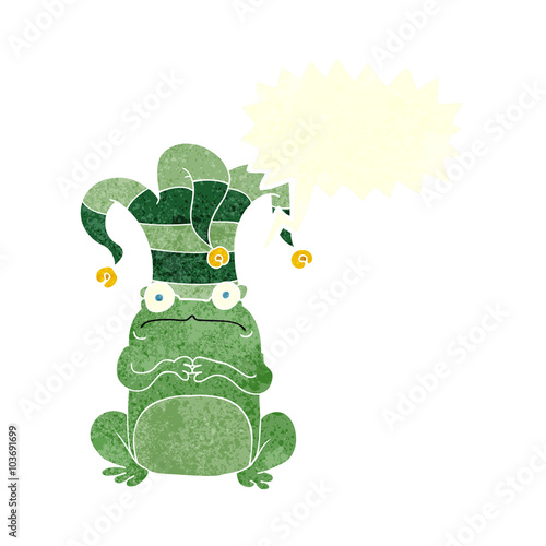 retro speech bubble cartoon nervous frog wearing jester hat