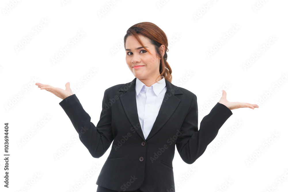 Asian business woman shrugging shoulders isolated on white backg Asian business woman shrugging shoulders isolated on white backg