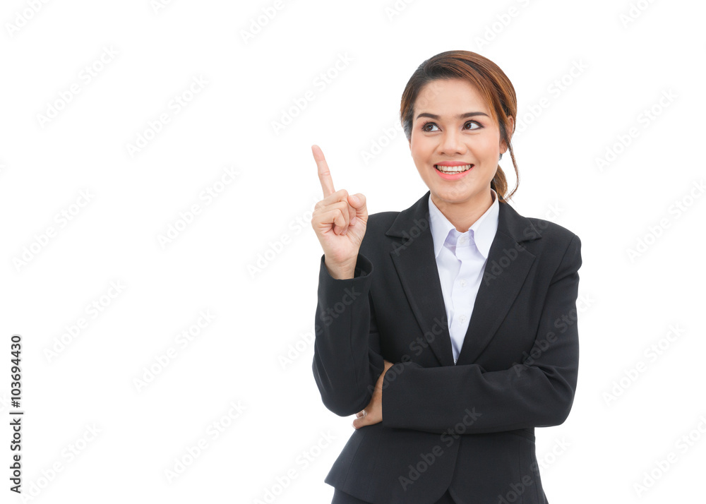 Asian business woman pointing up isolated on white background Asian business woman pointing up isolated on white background