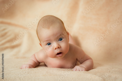 новорожденный лежит на животе голышом photo