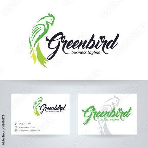 Green bird vector logo with business card template