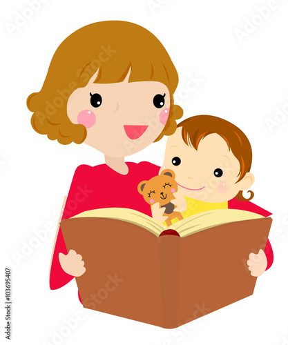 Mother reading her daughter the story. Vector illustration.