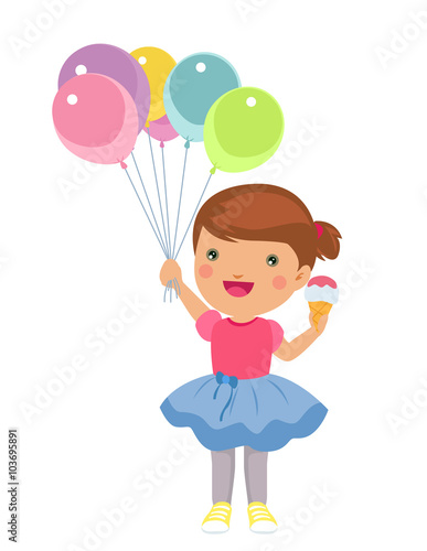 happy little girl with ice cream and balloons