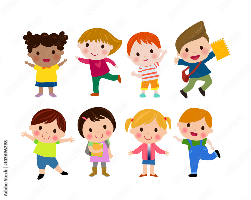 Kids go to school, back to school, Cute cartoon children, happy children, Vector Illustration.