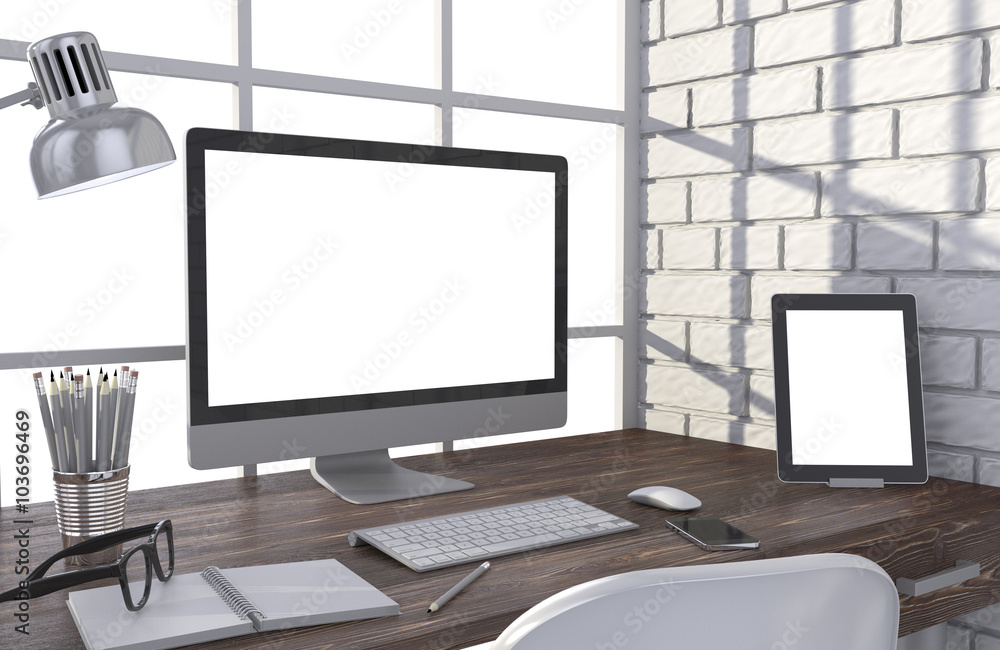 Fototapeta premium 3D illustration PC screen on table in office, Workspace