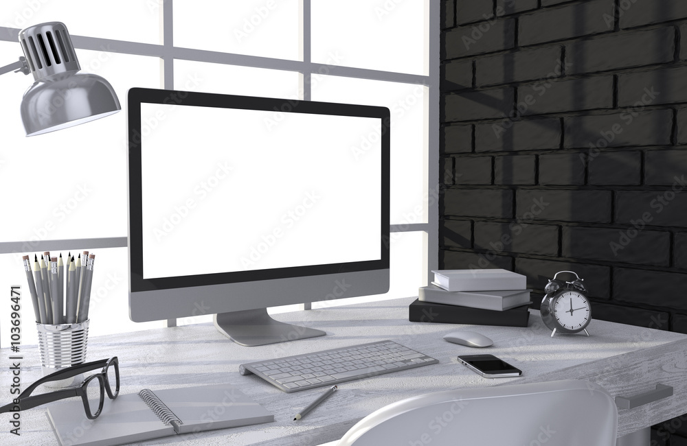 3D illustration PC screen on table in office, Workspace 3D illustration PC screen on table in office, Workspace