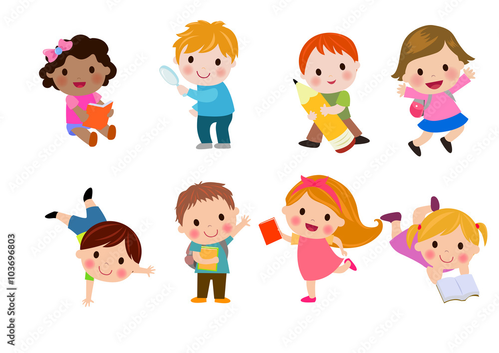 Kids go to school, back to school, Cute cartoon children, happy children,  Vector Illustration. Stock Vector | Adobe Stock