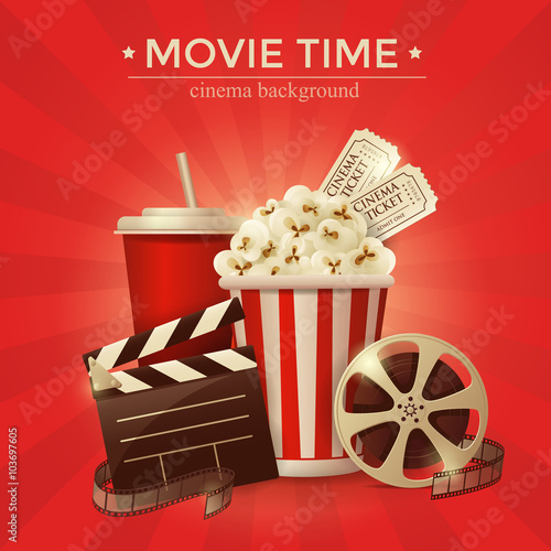 Cinema concept poster with popcorn bowl, film strip and tickets, realistic detailed vector illustration