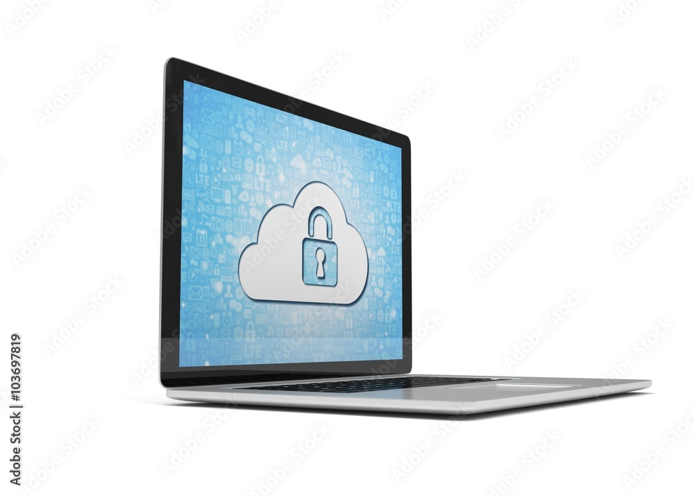 3d rendering of a laptop with cloud security concept 3d rendering of a laptop with cloud security concept