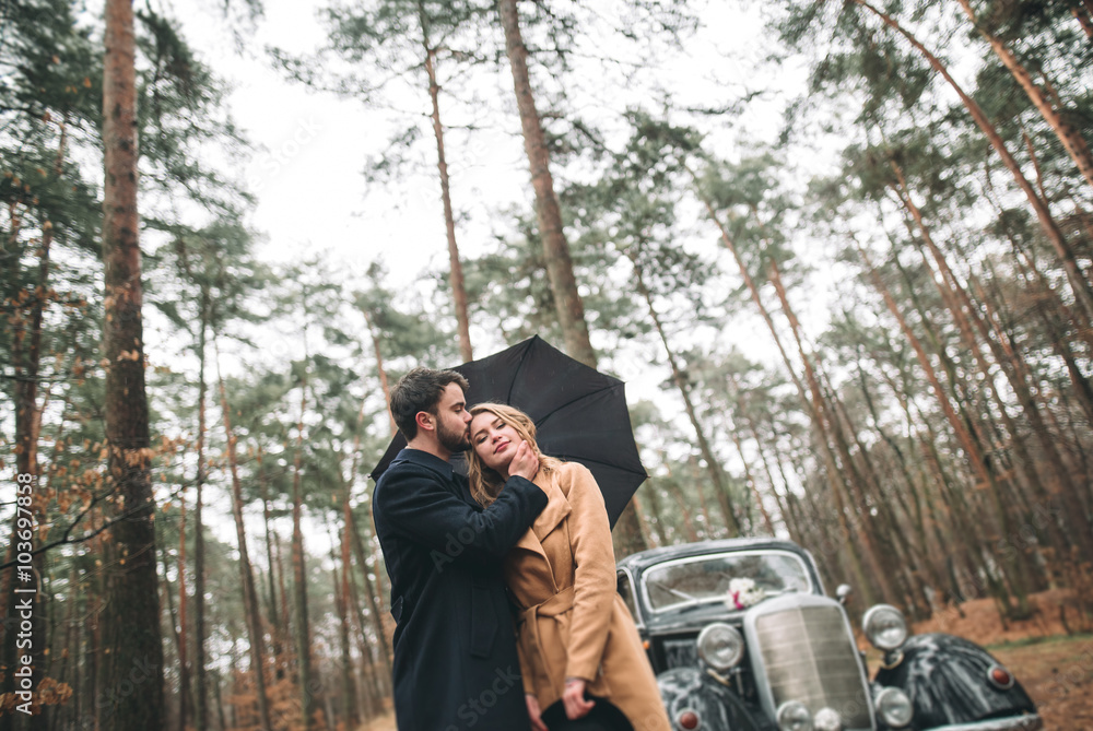 Gorgeous newlywed bride and groom posing in pine forest near retro car in their wedding day Gorgeous newlywed bride and groom posing in pine forest near retro car in their wedding day