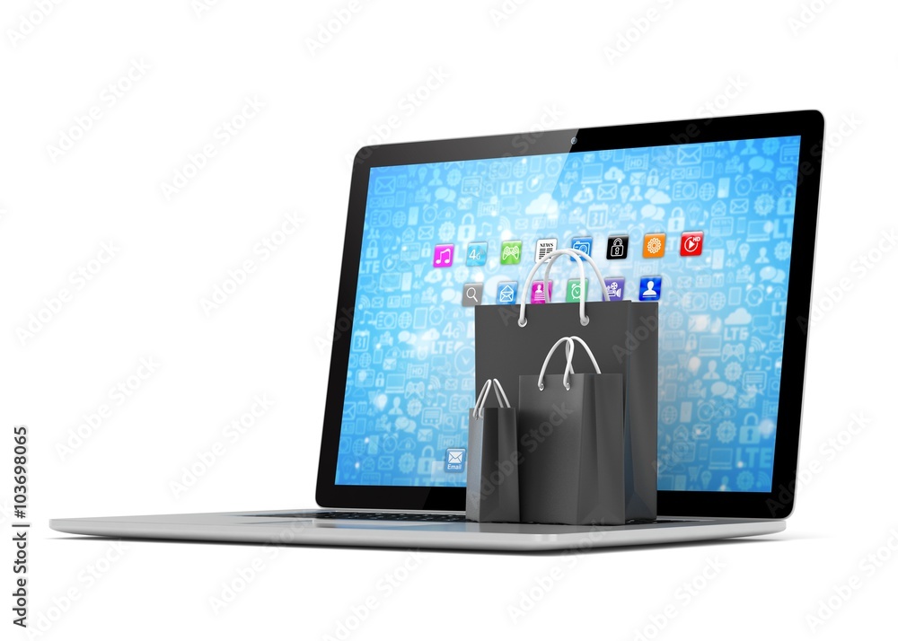 laptop and shopping pags on white background laptop and shopping pags on white background
