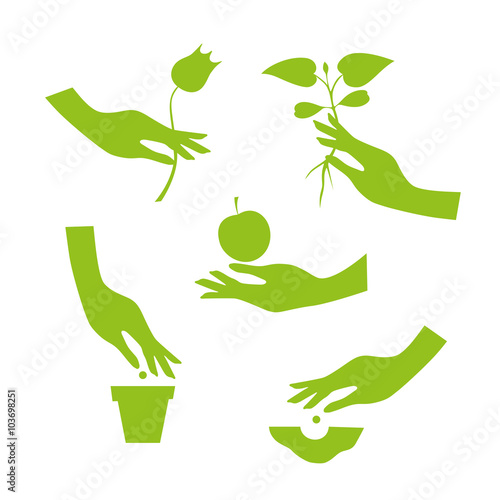 Green silhouette of female hand performs season garden works
