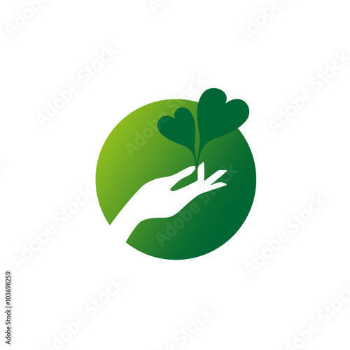 Female hand holds two green heart shaped leaves