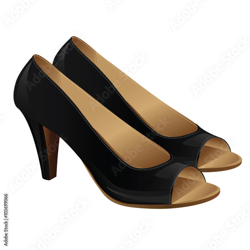 Classic woman shoes with open fingers. Black formal shoes isolated on white background