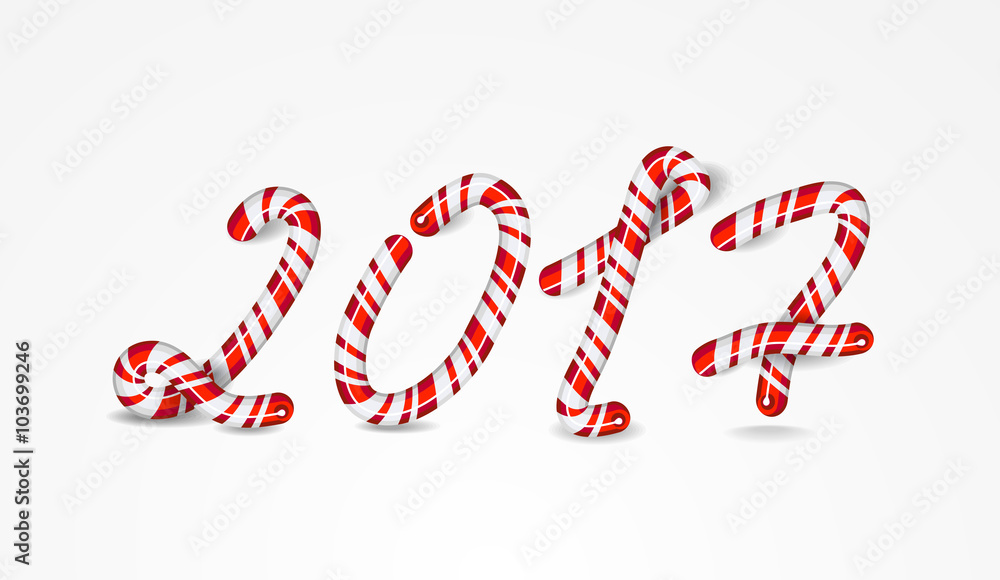 New Year 2017. Vector year number 2017 striped in Christmas colours. Year number as volume striped holiday candies isolated on white background