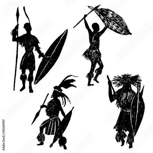 set of isolated elements ink sketch silhouettes Zulu warriors vector illustration