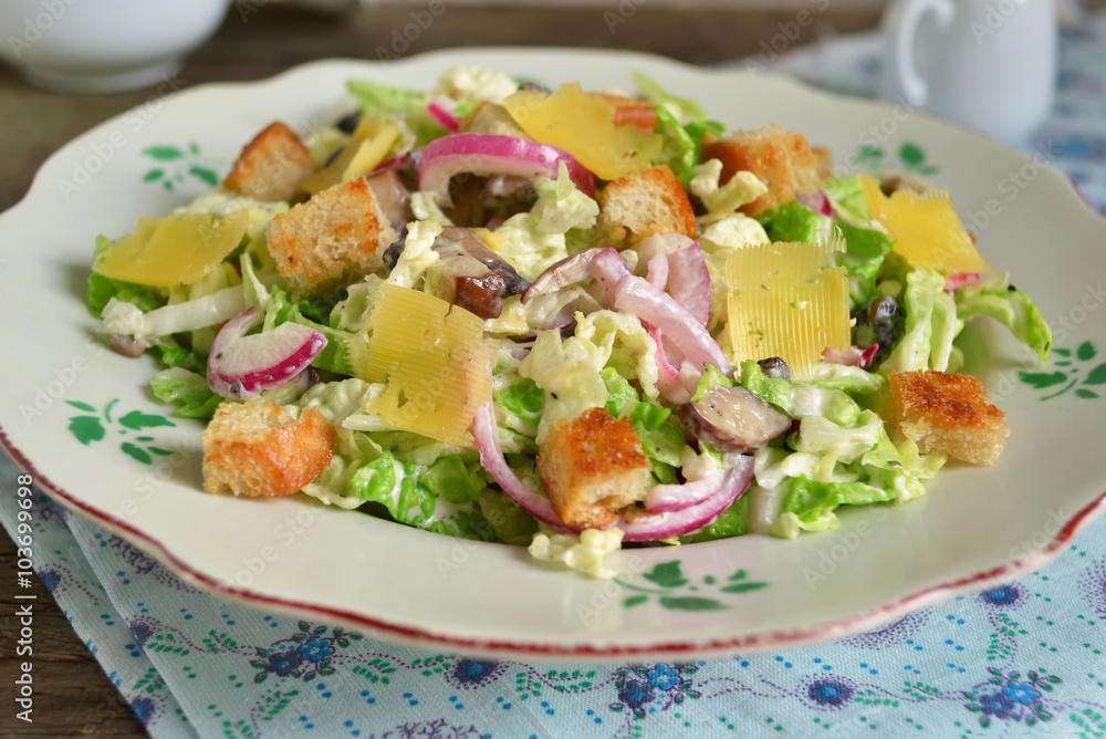 Chinese cabbage salad with croutons, cheese and delicate sauce Chinese cabbage salad with croutons, cheese and delicate sauce