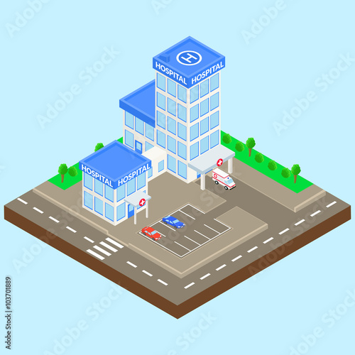 hospital building on a city street. Ambulance, parking, car. Isometric.