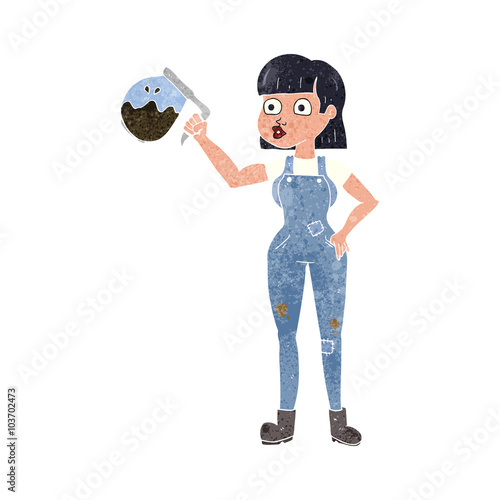 retro cartoon woman in dungarees with coffee