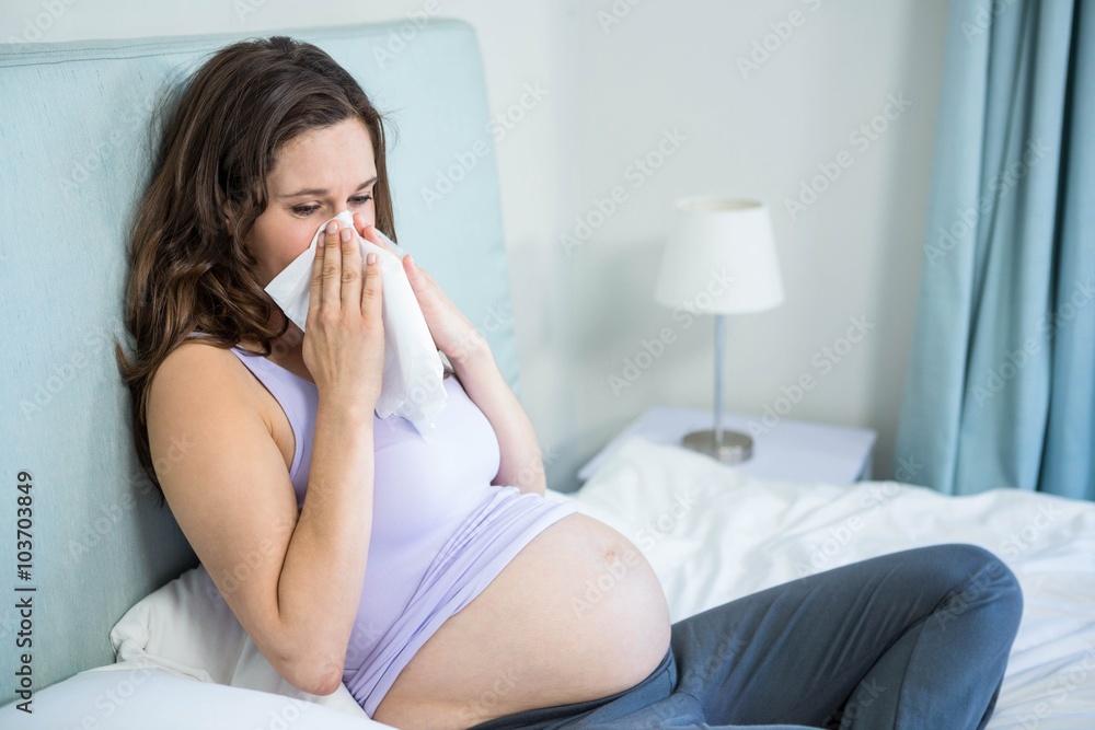 Pregnant woman blowing her nose Pregnant woman blowing her nose