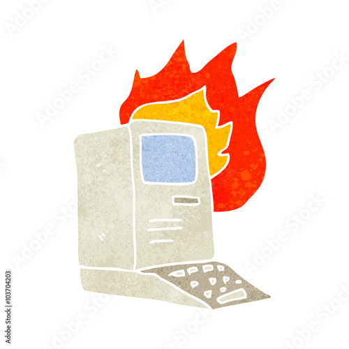 retro cartoon old computer on fire