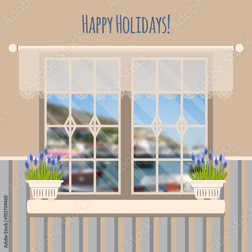 Vector illustration with window and flowers in flat style