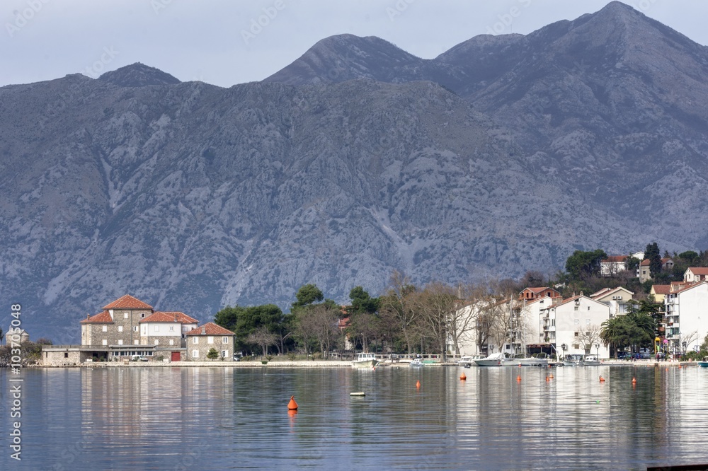 Adriatic sea Kotor bay with houses on the shore