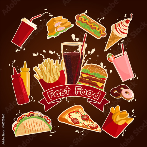 tasty fast food for your menu. Vector illustration of the most popular fast food dishes