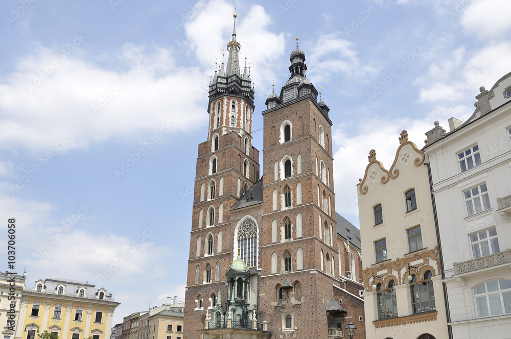 St. Mary's Church built in brick gothic style in the Main Market Square in Krakow, Poland