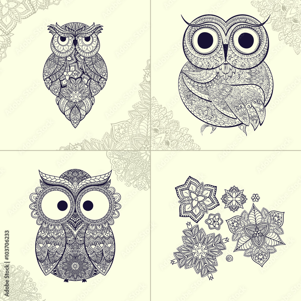 Fototapeta premium illustration of ornamental owl. Bird illustrated in tribal. Set of ornamental owls with flowers and pattern from owls.