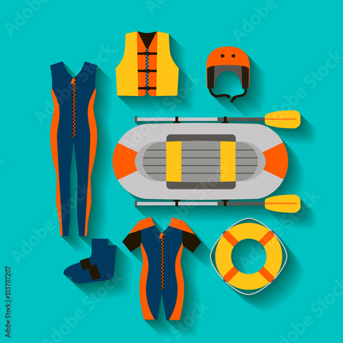 Conceptual icon set for rafting in flat style. vector illustration
