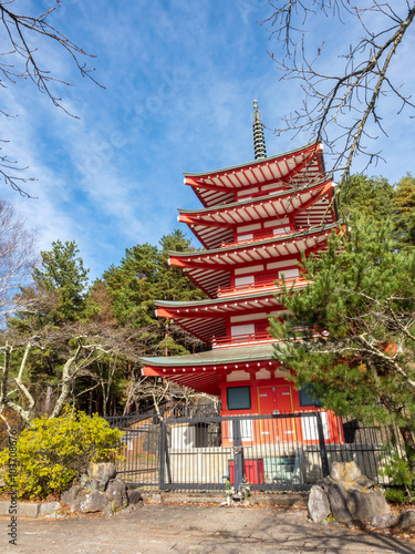 Red pagoda near Fuji mountain