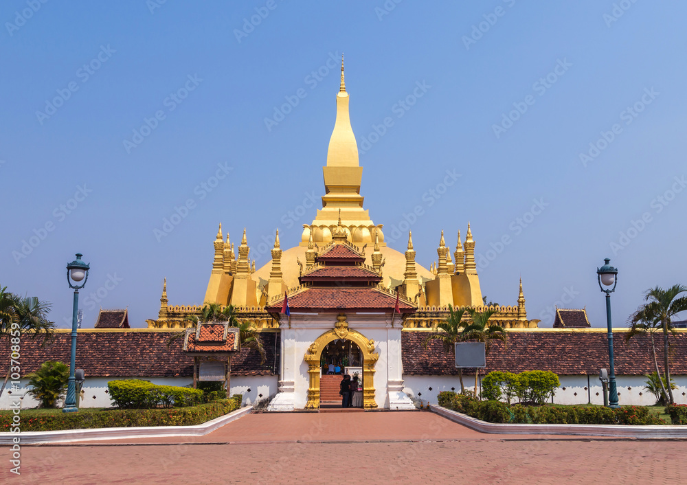 front view of wat pha that luang golden buddhist pagoda landmark of Vientiane,Laos. 