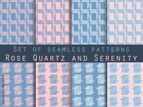 Set of geometric seamless patterns. Rose quartz and serenity violet colors. For wallpaper, bed linen, tiles, fabrics, backgrounds. Collection of vector illustrations.
