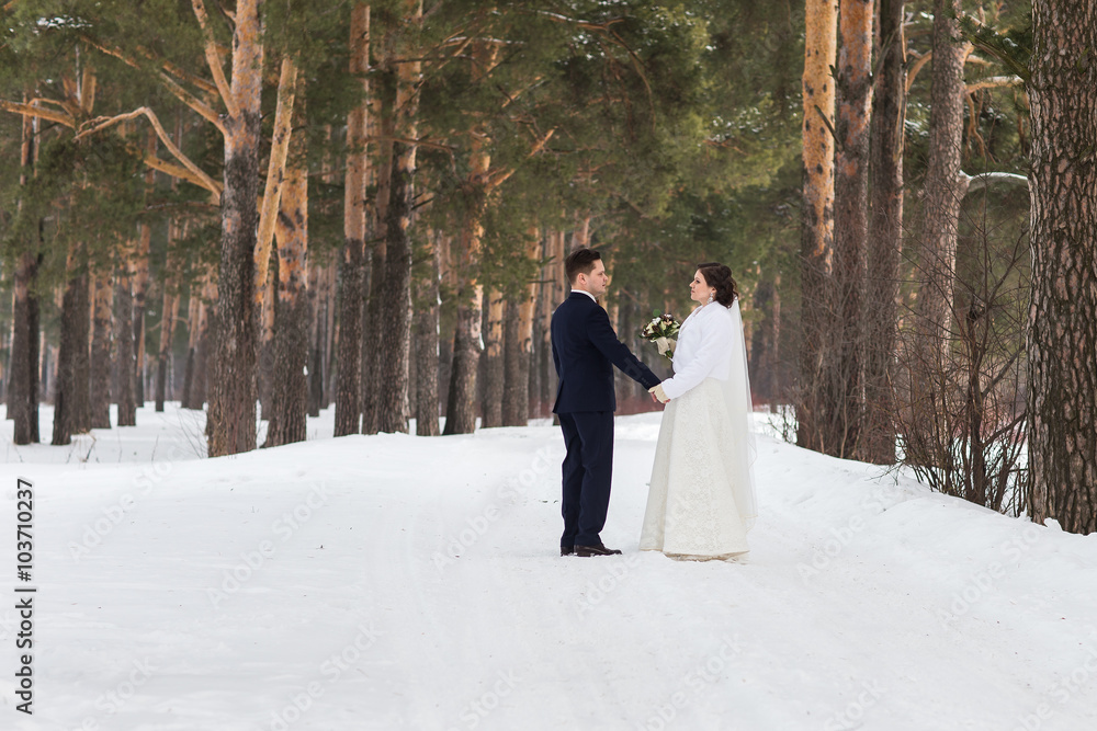 couple newlyweds walking in a winter forest couple newlyweds walking in a winter forest