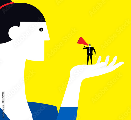 Proposing loudly / A business man proposes his opinions loudly.