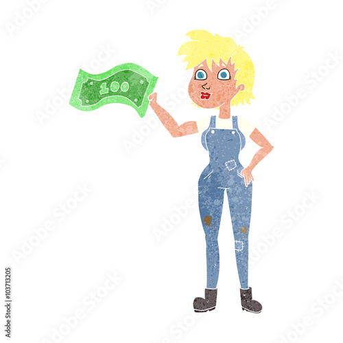 retro cartoon confident farmer woman with money