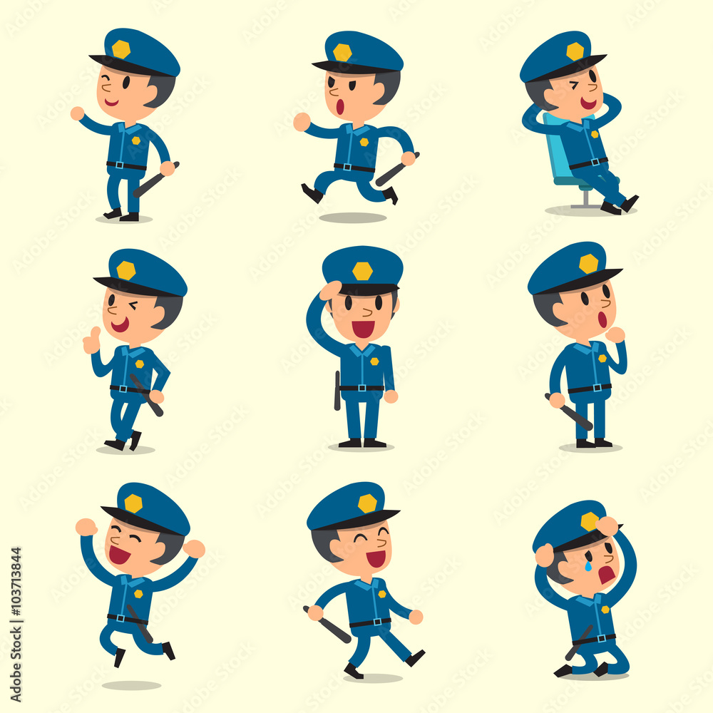 Cartoon policeman character poses on yellow background