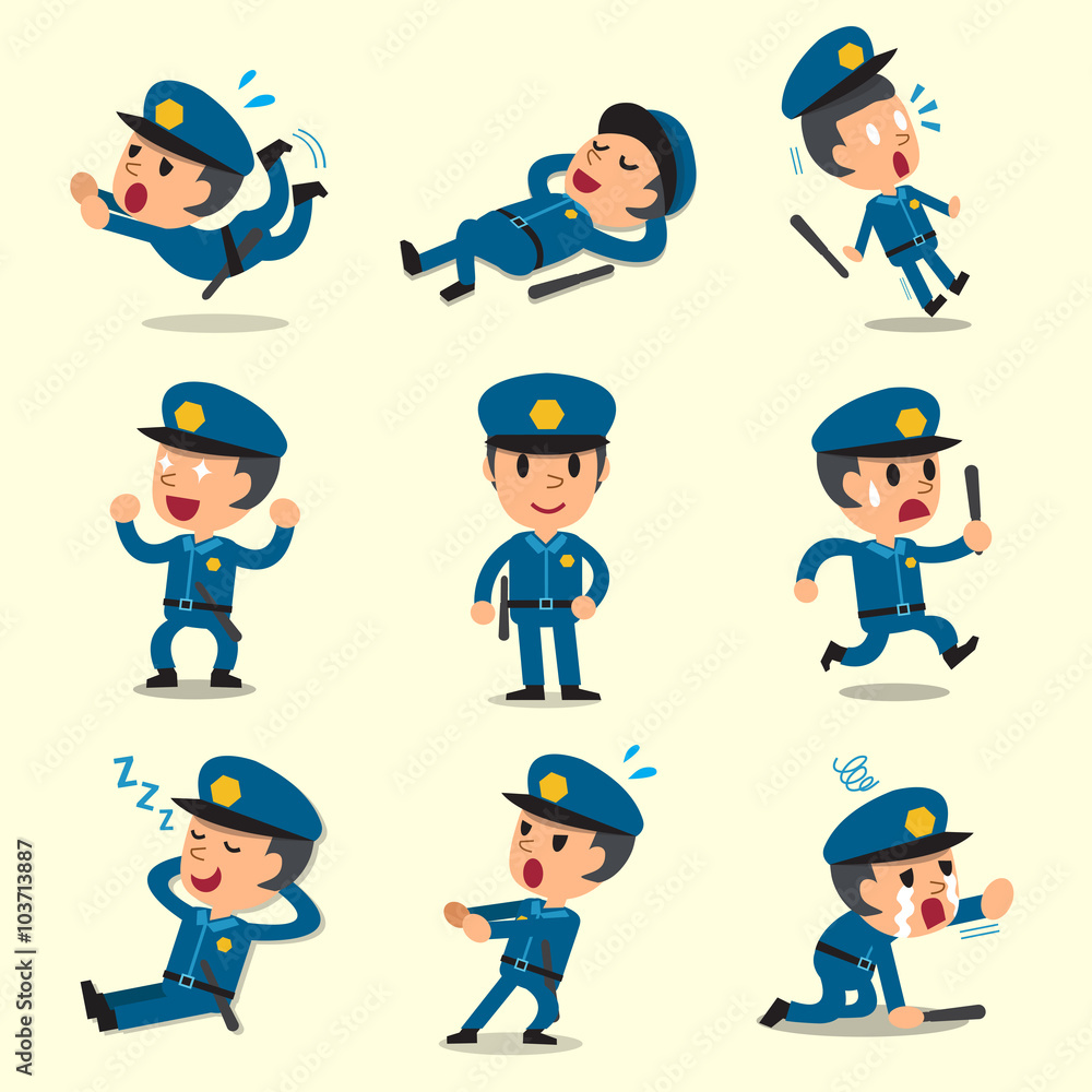 Cartoon policeman character poses Cartoon policeman character poses