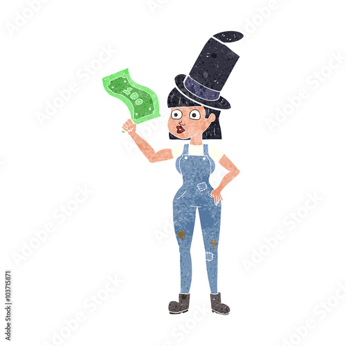 retro cartoon woman holding on to money
