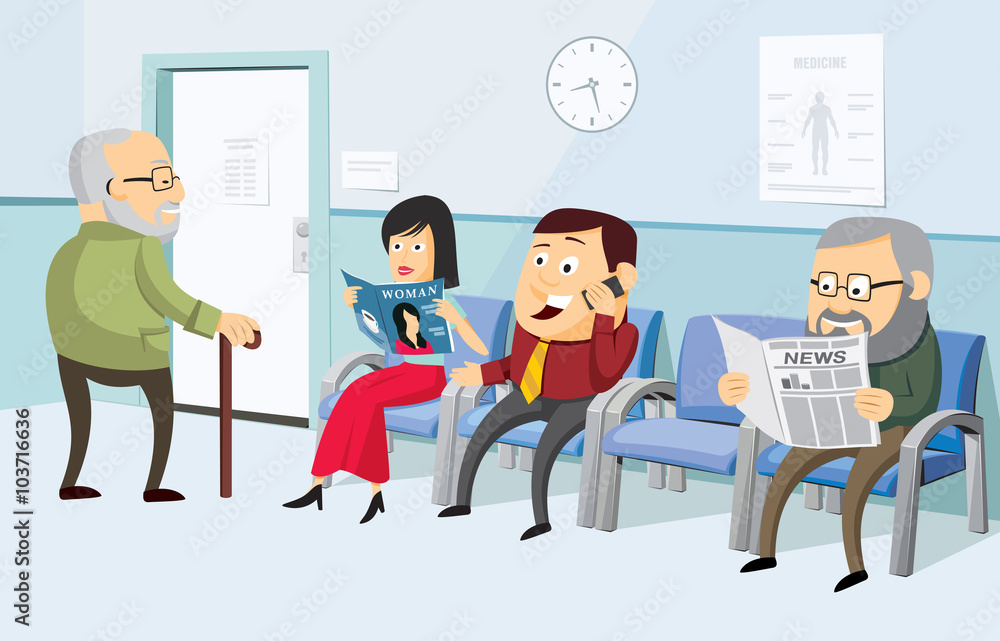 Waiting room at the doctor with the patient. The best medical health care.  Modern interior of a private medical practice Health Center. Vaccination.  Simple cartoon vector illustration. Stock Vector | Adobe Stock