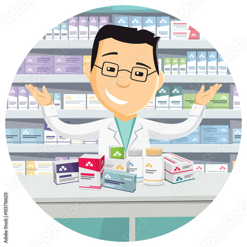 Pharmacist chemist man in pharmacy. Banner. Sale of vitamins and medications. Funny cartoon flat vector simple illustration.