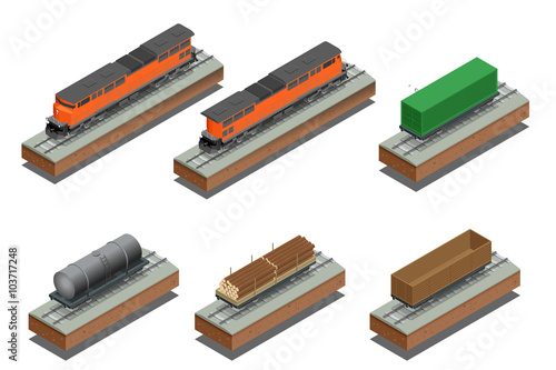 Diesel Locomotive, Rail covered wagon, Open rail car for transportation of bulk cargoes. Vector flat 3d  isometric illustration. 