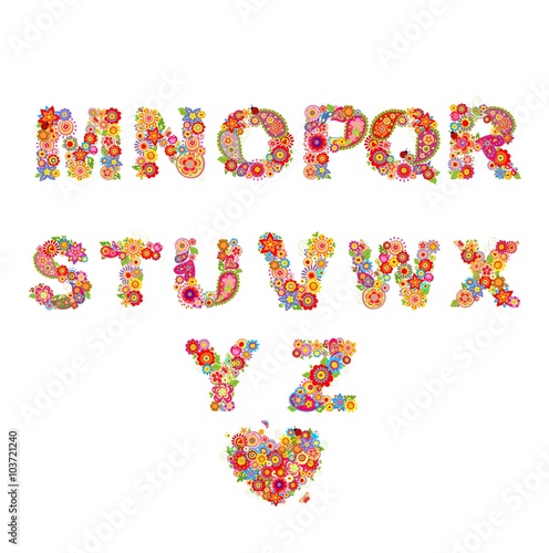 Floral alphabet with funny colorful flowers. Part 2